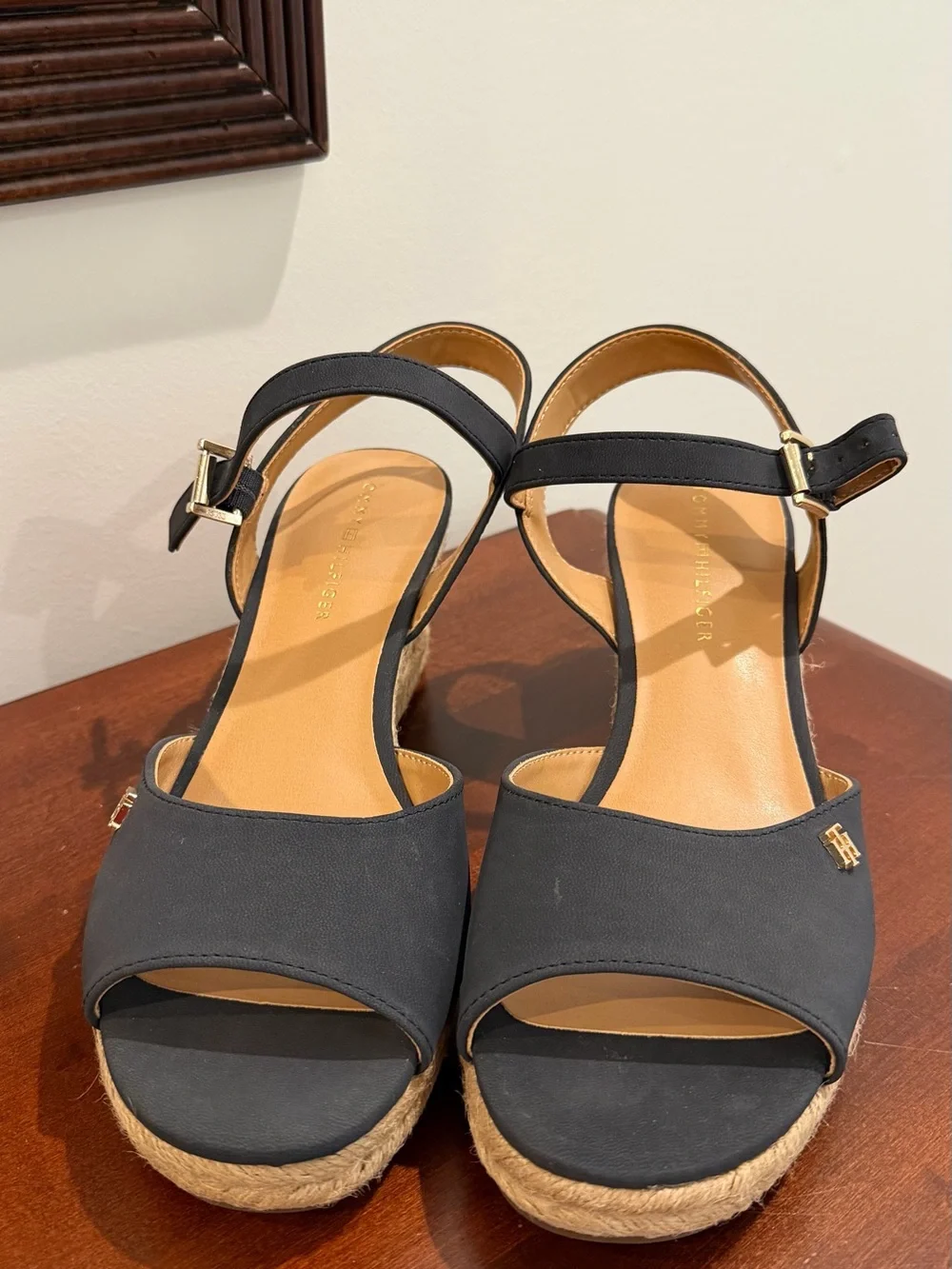 Tommy Hilfiger Black Espadrille Wedge Sandals with Gold Hardware